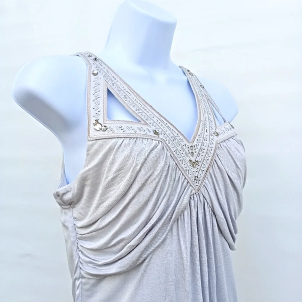 White House Black Market Sleeveless Draping Jeweled Top Jersey Ice Gray X Small - Picture 5 of 10